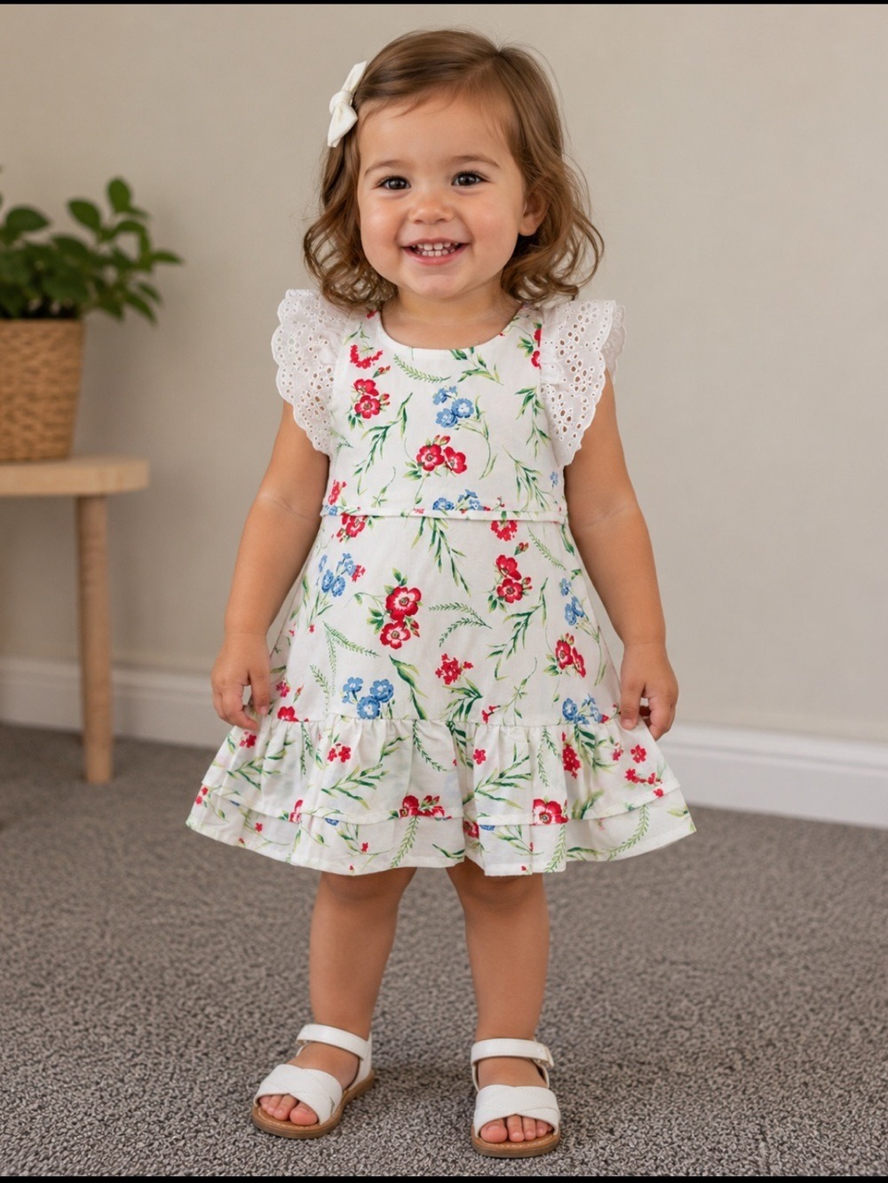 Janie and Jack White Floral Eyelet Sleeve Dress with Red and Blue Flowers